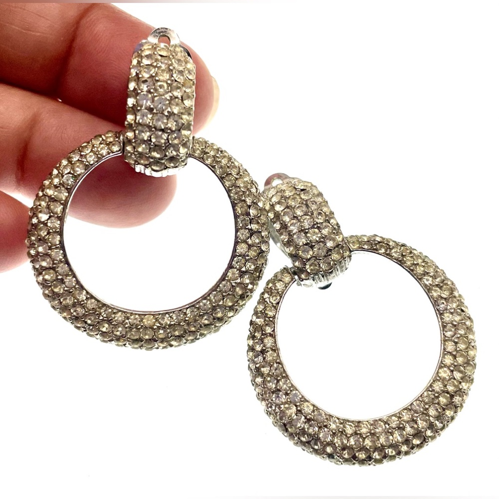 Vintage Signed Ciner Silver Tone Couture Crystal Doorknocker Clip On Earrings